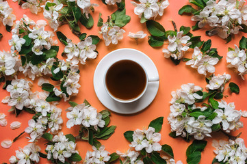 A cup of tea stands on a coral background surrounded by white flowers of an apple tree. The concept of spring tea and medicinal decoctions.