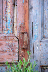 Detail of an old vintage wooden Door with Handle at a Garden as Part of House 