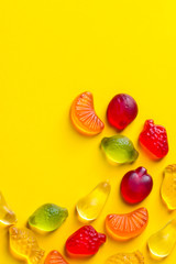 Creative food poster banner card template. Gummy jelly candies in shape of different summer and...