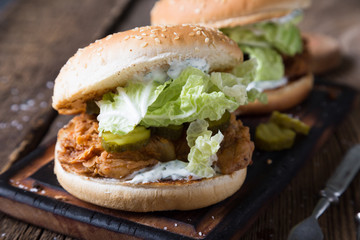 Juicy chicken burger with yoghurt sauce