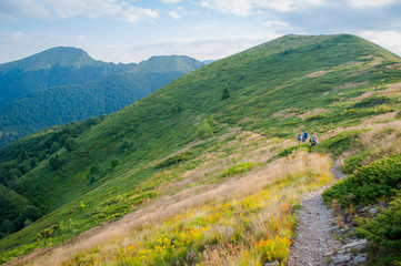 Green panorama in the mountains with hikers on path in adventure