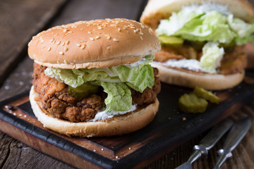 Juicy chicken burger with yoghurt sauce