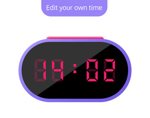 Editable time black digital alarm clock with red digits. Edit your own time. Vector illustration.