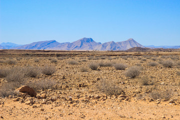Desert landscapes with mountains in the south of Namibia. The dry season, dry vegetation is a natural background.