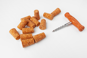 corkscrew and wine cork isolated on white background