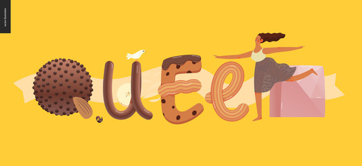 Dessert lettering - Queen - modern flat vector concept digital illustration of temptation font, sweet lettering and girls. Caramel, toffee, biscuit, waffle, cookie, cream and chocolate letters