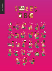 Dessert font ABC- modern flat vector concept digital illustration of temptation font, sweet lettering and girls. Caramel, toffee, biscuit, waffle, cookie, cream and chocolate letters