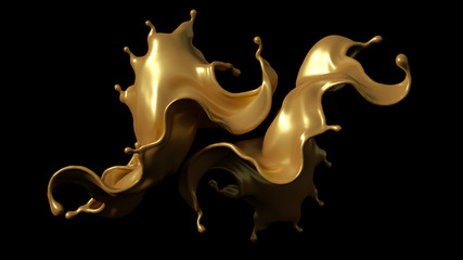 A splash of golden caramel on a black background. 3d illustration, 3d rendering.