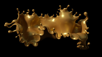 A splash of golden caramel on a black background. 3d illustration, 3d rendering.