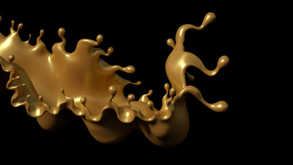 A splash of golden caramel on a black background. 3d illustration, 3d rendering.