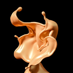 A splash of golden caramel on a black background. 3d illustration, 3d rendering.