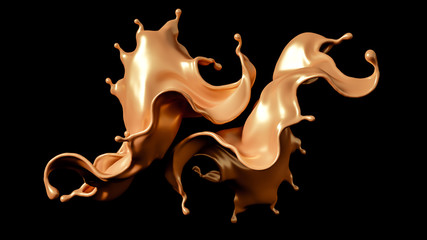 A splash of golden caramel on a black background. 3d illustration, 3d rendering.