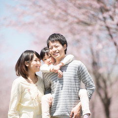 Fototapeta premium 桜の前でおんぶをする親子