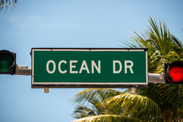 Fototapeta premium Ocean Drive sign with palm trees in Miami Beach, Florida, USA