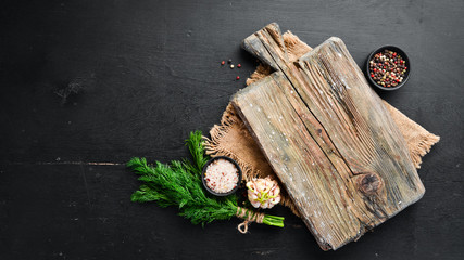 Background for the menu of dishes. Top view. Free space for your text. Rustic style.