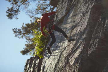 A girl climber descends on a rope against the background of a rock wall.