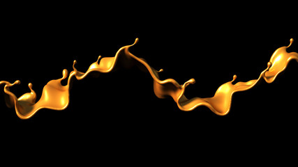 A splash of golden caramel on a black background. 3d illustration, 3d rendering.