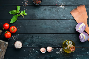 The background of cooking. Cutlery and kitchen board. Top view. Free space for your text. Rustic...