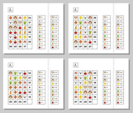 Mathematics educational game for children. Math Puzzle. System of equations. Advanced level. Learning addition equations worksheet for kids. Task for logical thinking. Cute animals and fruit.