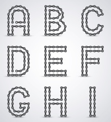 Vector letters ABCDEFGHI created from realistic bike chain. Alphabet symbol. Isolated on white background. 