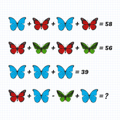 Mathematical Addition Subtraction Puzzle. System of equations. Math game with pictures for children, middle level, education game for kids, preschool worksheet activity, logical thinking. Butterflies.