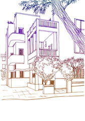 Nice old street of Tel Aviv. Urban sketch