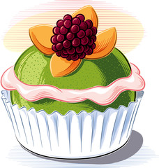 A cream and blackberry pastry, on a background, in vector.