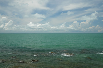 summer beach with clear blue sky and clouds