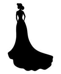 Black silhouette of young girl in wedding or evening long dress with train standing she stands with her back to the viewer face in profile, beautiful woman icon image