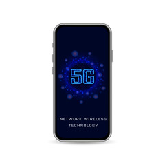 Realistic smartphone with 5g wireless internet wifi connection on abstract polygonal background on touch screen. New generation of high speed network and internet technology. Vector illustration