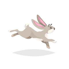 Cute cartoon rabbit running. Flat comic style farm animal drawing. Easter spring symbol. Vector illustration with shadow isolated on white background.