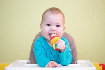 caucasian toddler baby 5 6 months boy girl sits on a high chair and eats fruit from a nibbler. kid child learns to eat