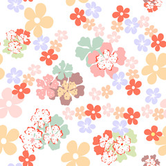 Vector seamless floral spring pattern. Small flowers in pastel colors on a light background.