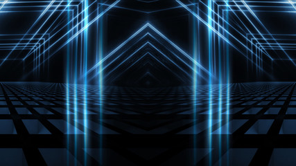 Empty background scene. Dark street reflection on the wet pavement. Rays  neon light in the dark, neon figures, smoke. Night view of the street, the city. Abstract dark background.