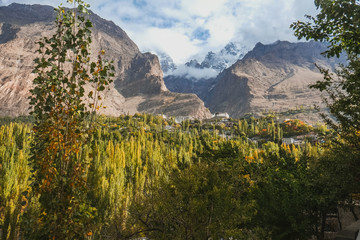 Beautiful scenery panoramic view in Hunza valley. Nature landscape of lush green forest with clouds covered snow capped Ultar Sar mountain in Karakoram range, Karimabad, Gilgit Baltistan, Pakistan.