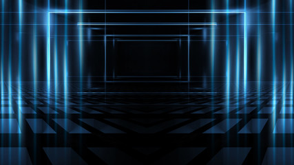 Empty background scene. Dark street reflection on the wet pavement. Rays  neon light in the dark, neon figures, smoke. Night view of the street, the city. Abstract dark background.