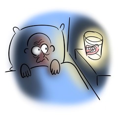 Old man holding his denture out of mouth at night
