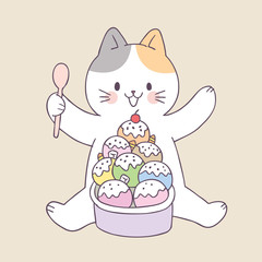 Cartoon cute summer cat and ice cream vector.