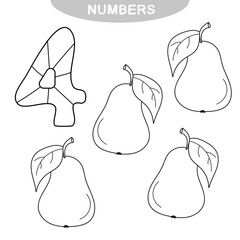 Educational game - Learning numbers. Number Four. Coloring book for preschool children. Four pears