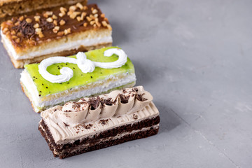 Assorted Different Mini Cakes with Cream Coffee Chocolate Salted Caramel and Berries Above Horizontal Tasty Mini Cakes Dessert Pastry