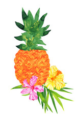 Beautiful juicy pineapple with hibiscus pink and yellow colors and palm leaf, painted in watercolor, isolated on white