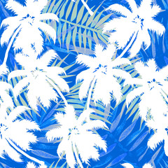 seamless tropical pattern, coconut palms and leaves on bright blue background