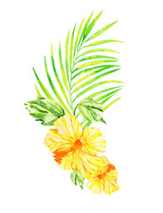 Hawaiian decoration of yellow hibiscus and palm leaves, watercolor texture, bouquet isolated on white.