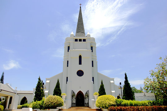 Nakhon Ratchasima, Thailand - May 10, 2019: Outdoor around the church of the Blessed Nicholas Bunkerd Kitbamrung Church Through the Archways in Khao Yai.