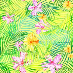 Fototapeta na wymiar Sunny tropical floral seamless pattern, palm leaves and hibiscus flowers on a yellow background.
