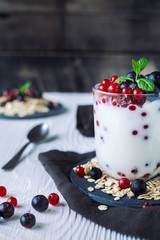 Healthy homemade greek yogurt with ribes, blueberries, oatmeal and mint