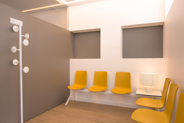 Modern waiting room with yellow chairs and copy space.
