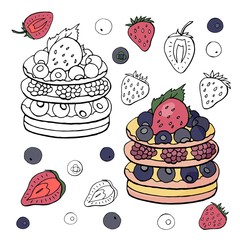 Black and white and colored cake with raspberries  isolated on white background. Raspberries cake.