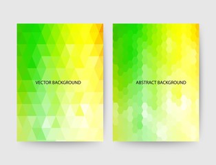 set of templates for presentation. Triangular yellow - green background. honeycombs yellow green color.