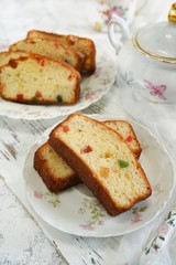 Piece of Pound dry fruit cake or Indian Tutti Frutti cake, selective focus